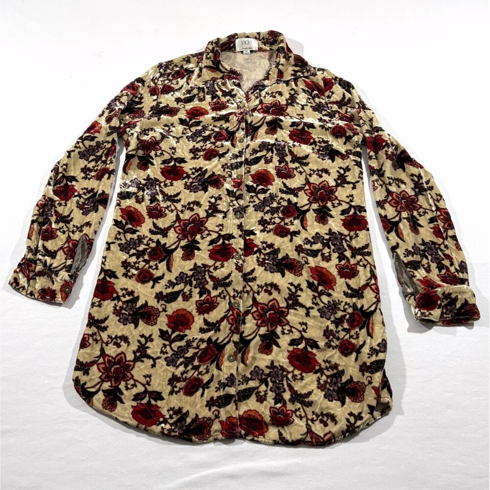 Johnny Was Jade Velour Floral Button Beige Tunic Blouse Silk Blend Top XS Flaw